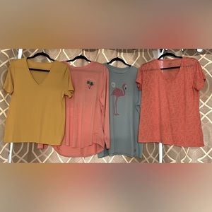 4 tops, T-shirt with flamingo is Life is Good